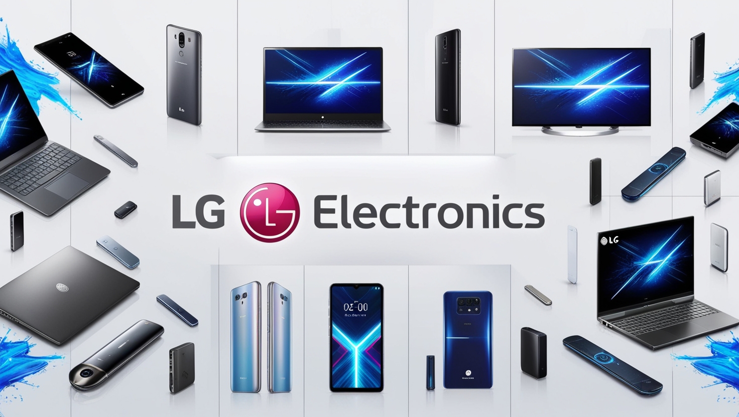 Diversos produtos da LG Electronics, como TVs, geladeiras, smartphones e lavadoras.