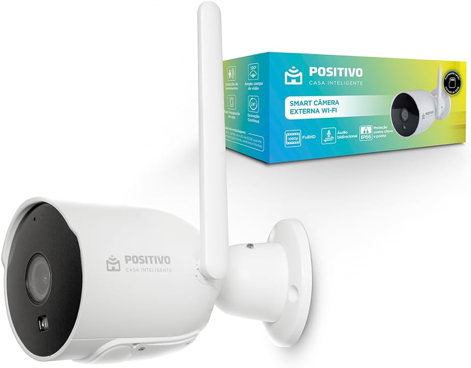 Smart Câmera Externa Wi-Fi Positivo Casa Inteligente, Visão Noturna, Full HD, À Prova d'água (IP66), Áudio Bidirecional, Detecção de Movimento, Bivolt, Acompanha Cartão MicroSD 32GB​ 