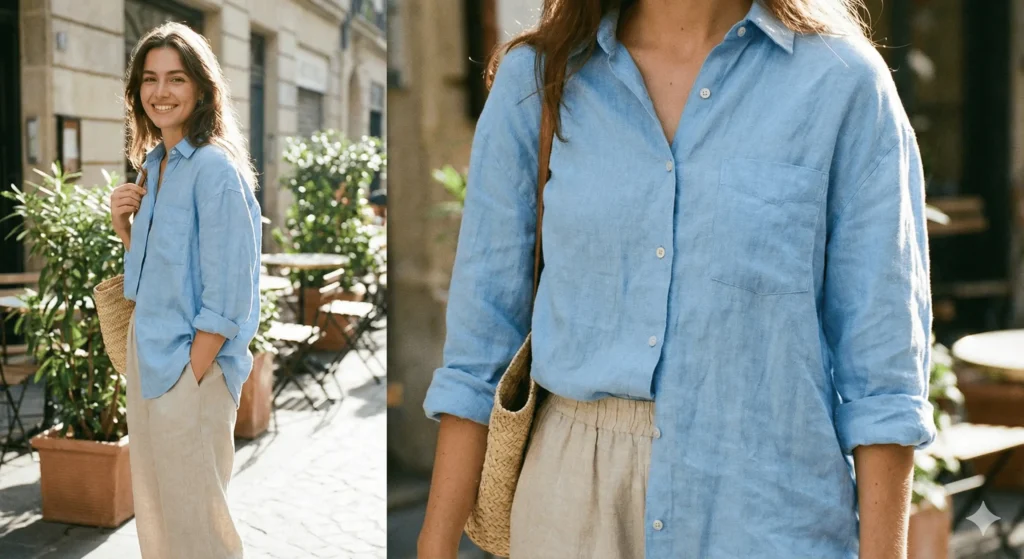 Mulher jovem sorrindo em pé na rua em um dia ensolarado, vestindo uma camisa de linho misto azul-claro com caimento soltinho. Ao lado, um zoom detalhado na textura do tecido, evidenciando as tramas abertas e o frescor da peça.
