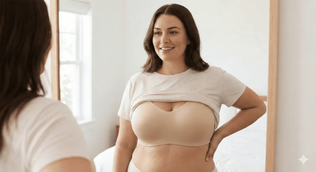 Mulher sorridente e confiante olhando no espelho, vestindo um sutiã bege sem costura de alta sustentação. A peça abraça o corpo confortavelmente, com laterais largas que não marcam a pele sob a camiseta.
