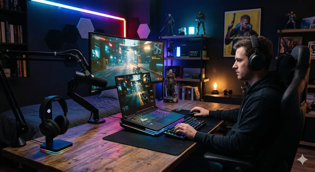 Setup gamer com múltiplos monitores.