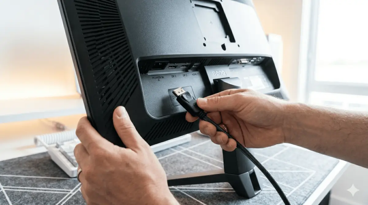 Conexão DisplayPort para Monitor 144Hz Homem conectando cabo displayport no monitor gamer para liberar os 144hz