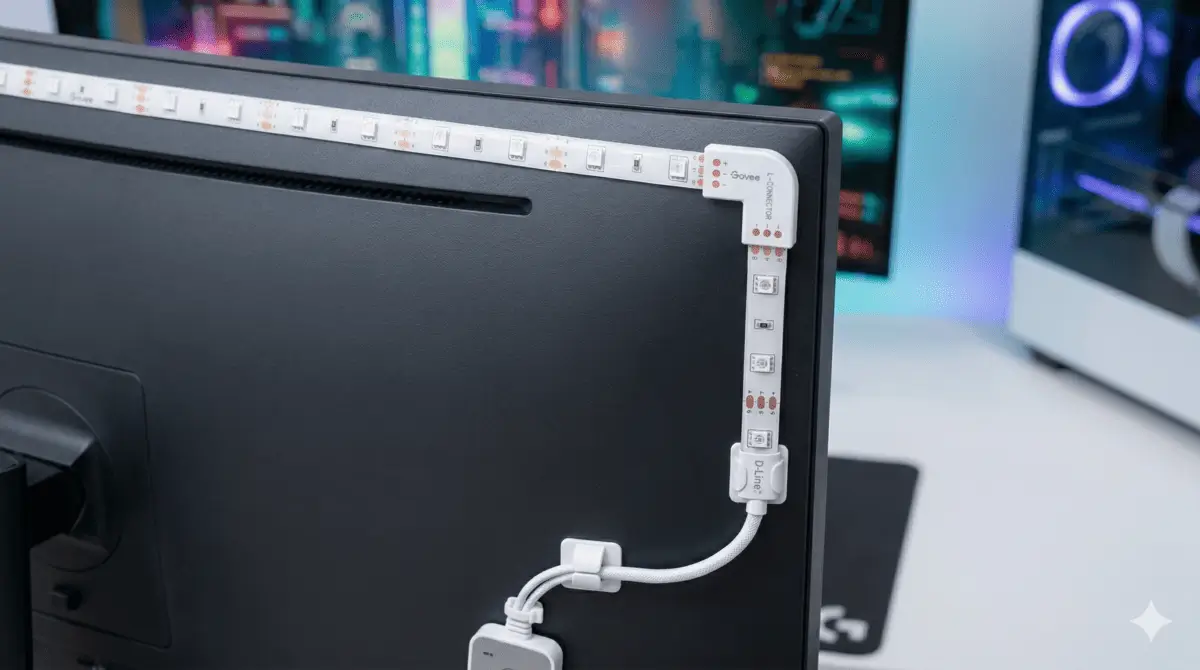 Instalação Correta de Fitas LED Detalhe técnico da instalação de fita led na parte traseira de um monitor usando conectores em L