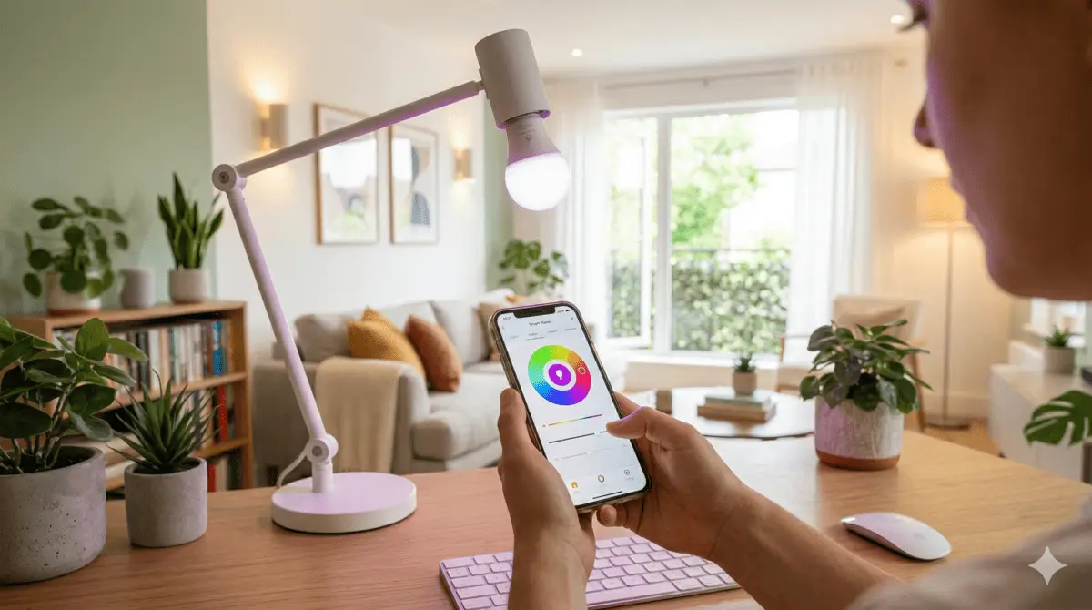 Pessoa segurando um smartphone configurando as cores de uma lâmpada inteligente acesa em um abajur