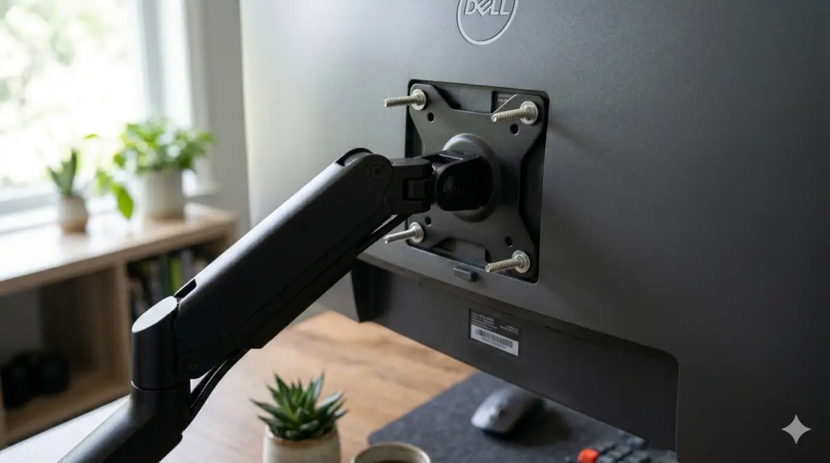 Padrão VESA 100x100 em foco Detalhe do padrão VESA na parte traseira do monitor conectado ao suporte articulado