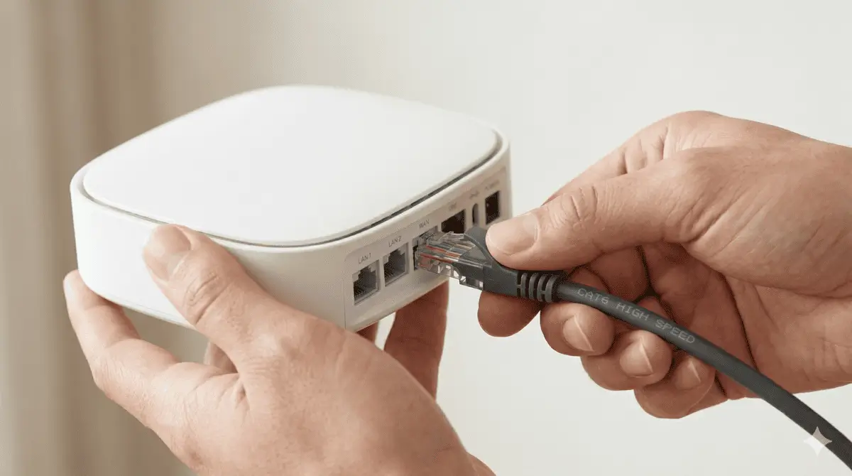 Pessoa instalando a torre principal do roteador mesh ligando o cabo de rede diretamente ao modem da operadora
