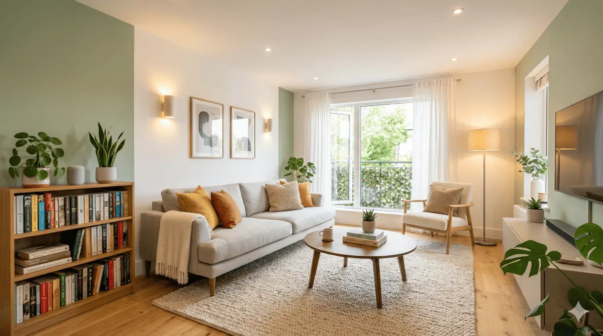 Sala de estar aconchegante e moderna iluminada por lâmpadas inteligentes em tons quentes