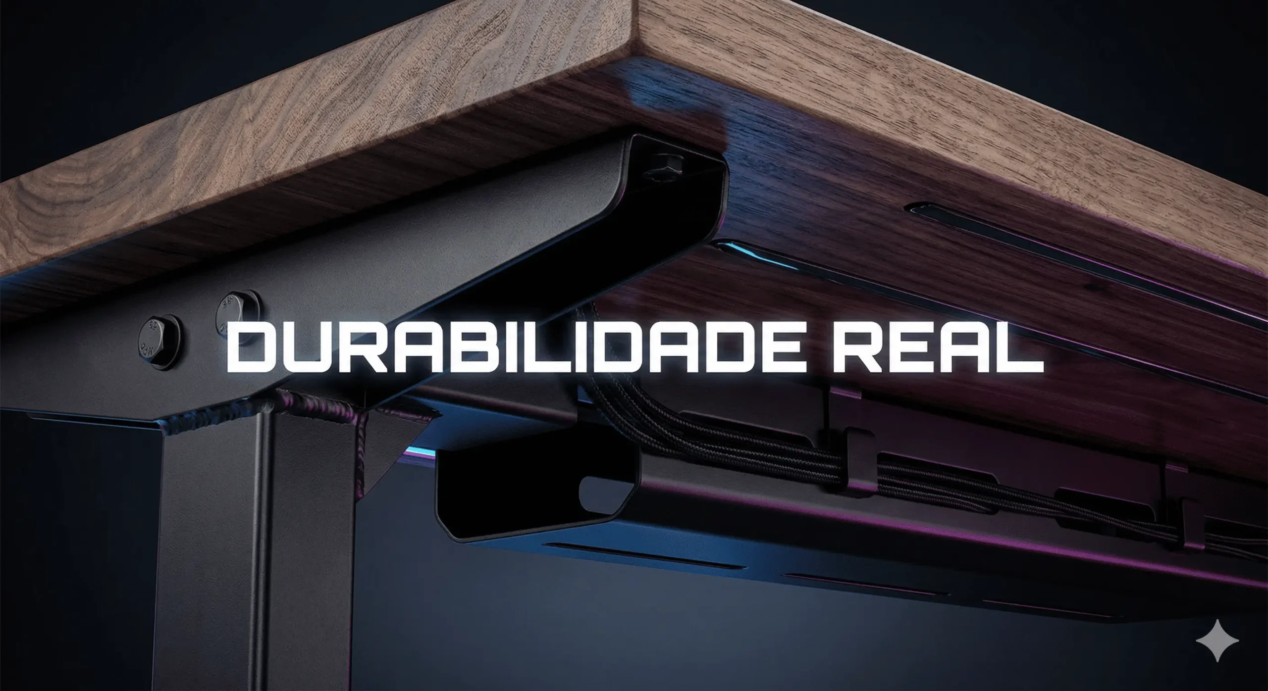 melhores mesas gamer ergonômicas - Detalhe técnico da estrutura de aço maciço de uma mesa