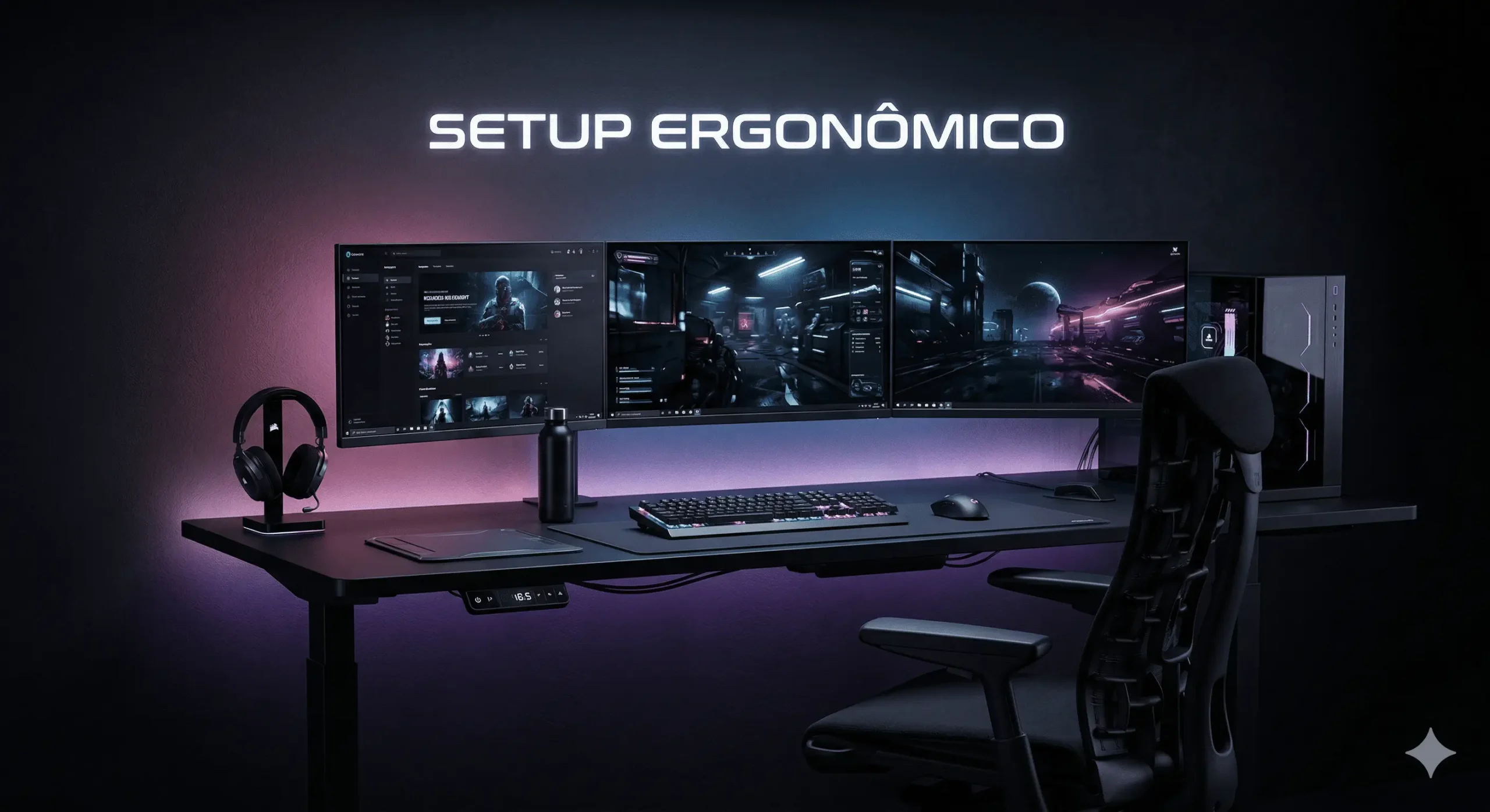 melhores mesas gamer ergonômicas - Setup organizado com mesa ajustável em altura e múltiplos monitores