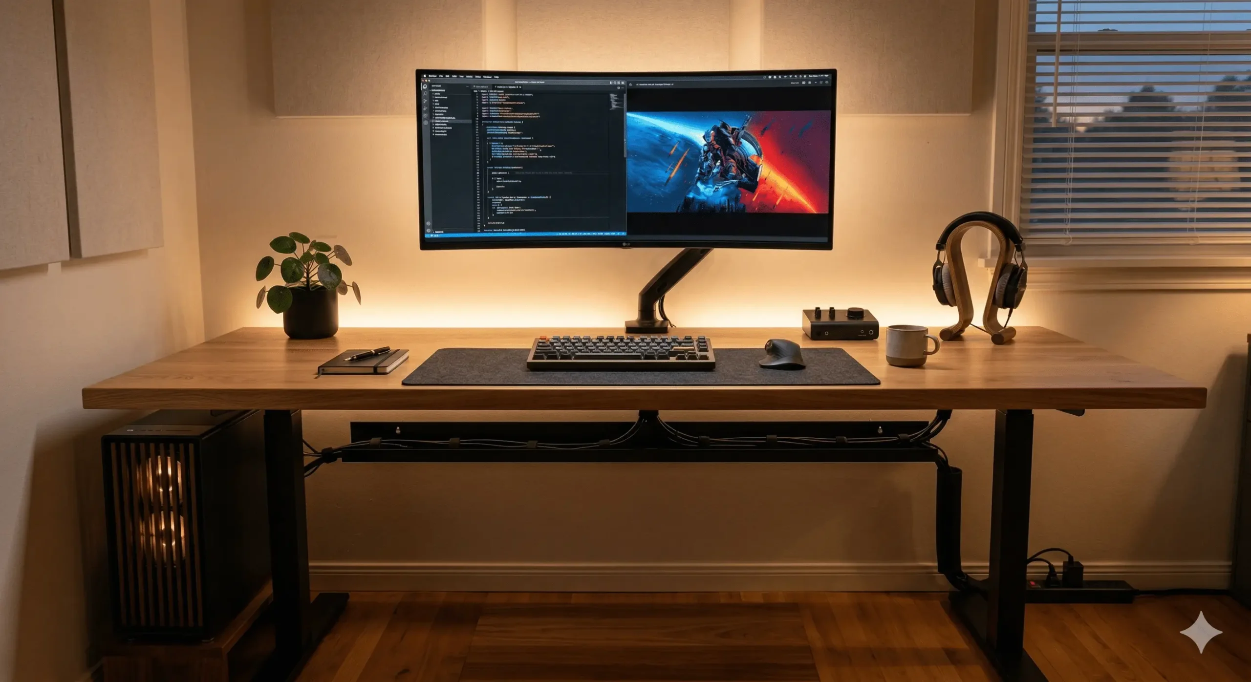 Setup clean de alto padrão utilizando os melhores organizadores de cabos para esconder fios embaixo da escrivaninha