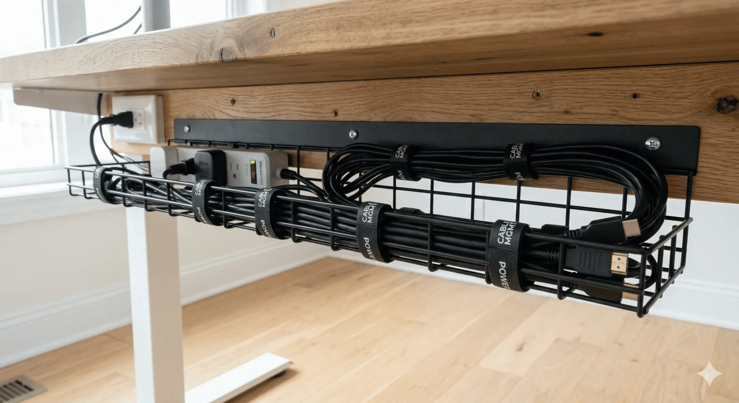 Detalhe do roteamento de cabos sob a escrivaninha usando velcros e calhas de metal