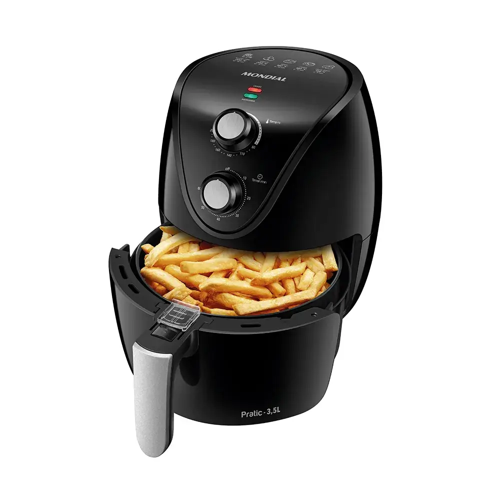Air Fryer Mondial New Pratic AF-31 de 3,5 litros na cor preta, com dois botões giratórios de temperatura e tempo